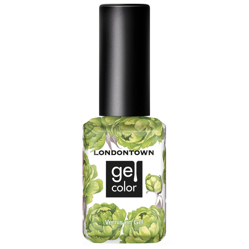 A bottle of LONDONTOWN Tipsy Mermaid Gel Color nail polish with a floral design on the label, a black cap, and a hint of parakeet green.