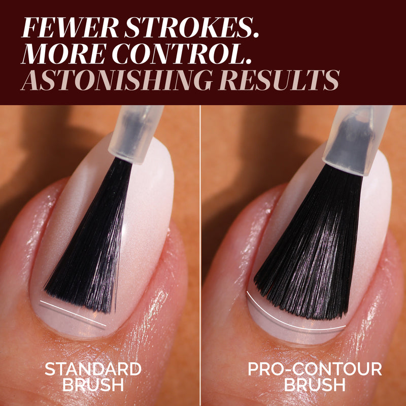 Close-up comparison of a standard brush and a pro-contour brush applying LONDONTOWN's Truly Ruby nail polish, highlighting the differences in brush shape and coverage on fingernails.