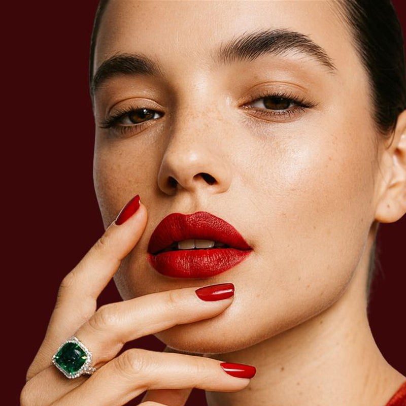 Wearing LONDONTOWN Truly Ruby lipstick and manicured nails, a person touches their lips, adorned with a silver ring featuring a large green gemstone, against a deep red backdrop.
