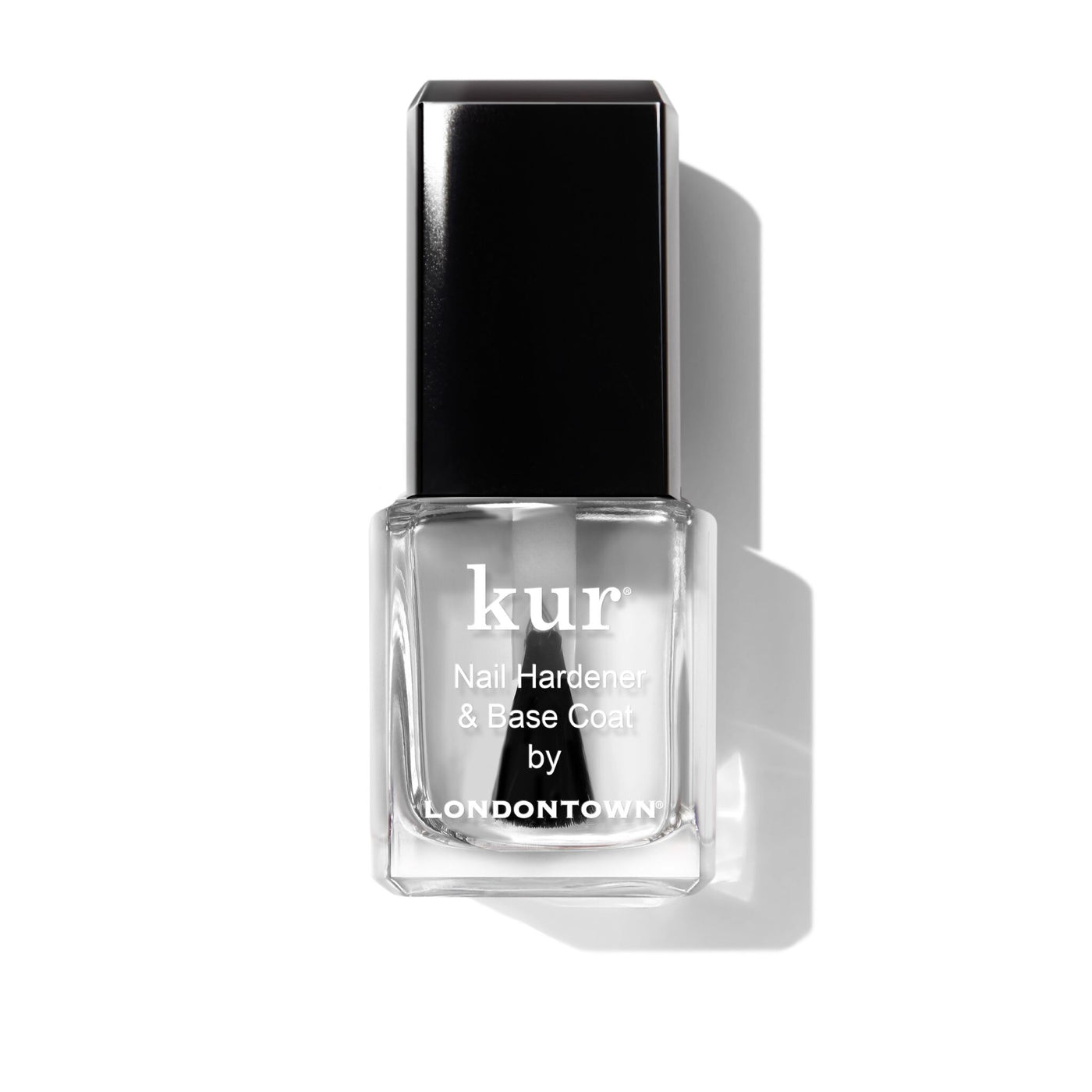 A bottle of LONDONTOWN Mini Nail Hardener & Base Coat with a black cap is displayed against a white background.
