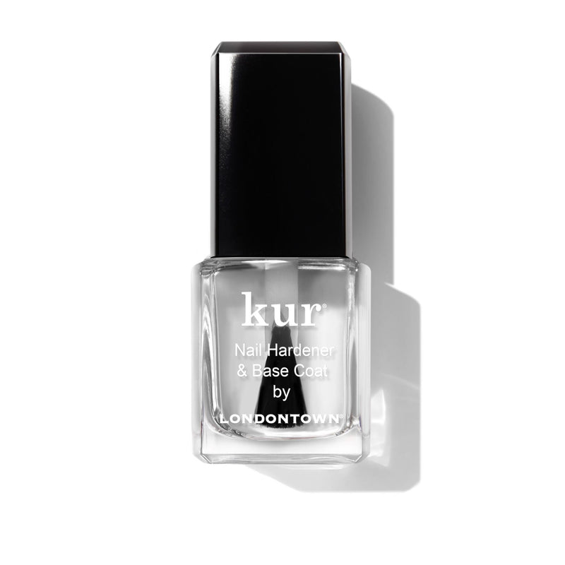 A bottle of LONDONTOWN Mini Nail Hardener & Base Coat with a black cap is displayed against a white background.
