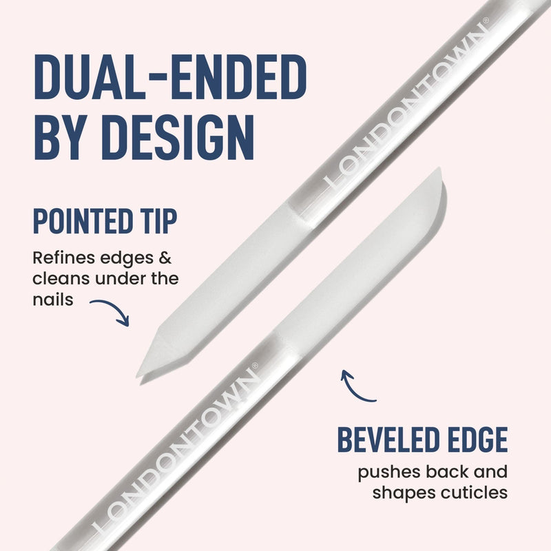 The LONDONTOWN Glass Cuticle Pusher offers a pointed tip for refining nail edges and cleaning underneath, plus a beveled edge to push and shape cuticles neatly.