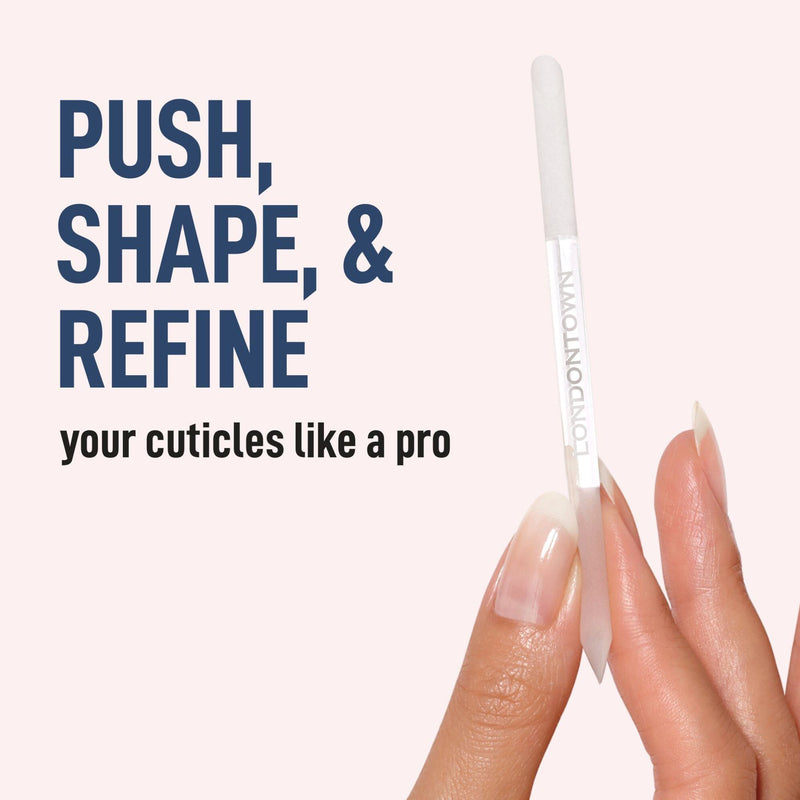 Hand holding a Glass Cuticle Pusher by LONDONTOWN, with text: "Push, Shape, & Refine your cuticles like a pro" on a light background.