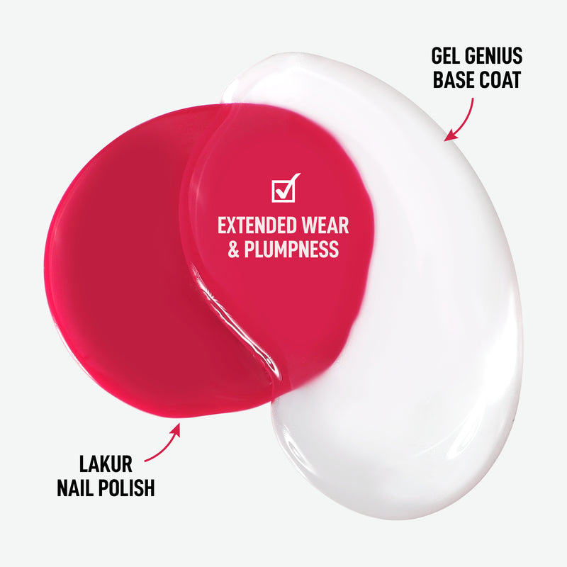 Red and white swirled "Lakur Nail Polish," paired with LONDONTOWN's "Gel Genius Base Coat" for optimal application, longer wear, and plumpness, with a checkmark symbol.