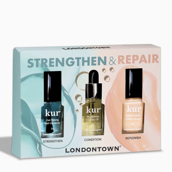 The LONDONTOWN Strengthen & Repair Trio includes Nail Hardener, Cuticle Oil, and Instant Boost—perfect for weak nails and enhancing nail strength.