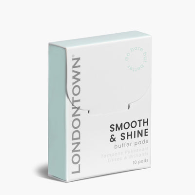 A box of LONDONTOWN Smooth & Shine Buffer Pads—10 pads in minimalist white and light blue packaging for a quick shine, no polish needed.