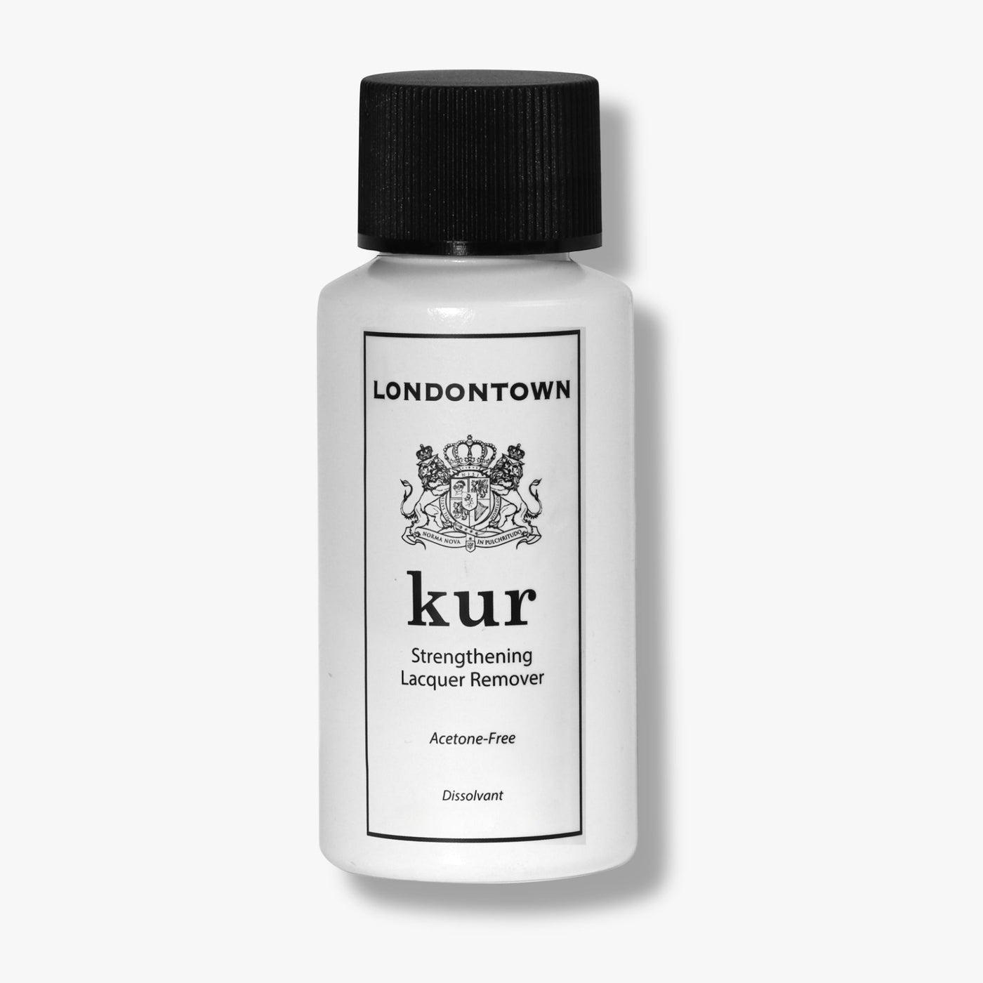 A white bottle labeled "LONDONTOWN Mini Strengthening Lacquer Remover" with a black screw cap is displayed against a plain background.
