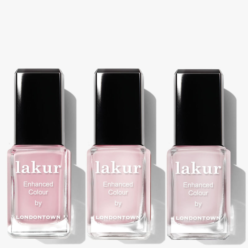 The LONDONTOWN Blush Hour Trio features three blush-toned nail polishes arranged side by side against a white background, capturing the perfect blush mood.