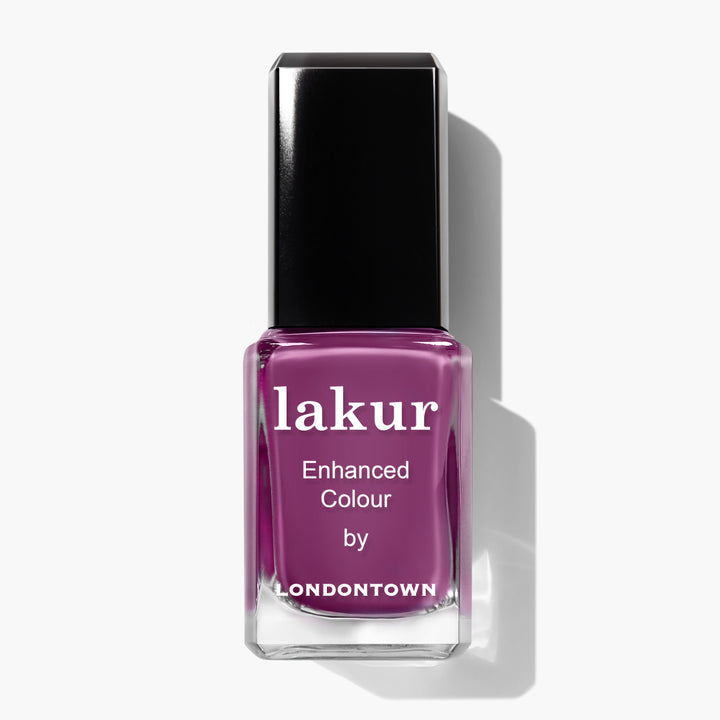 A bottle of Violet Hibiscus nail polish by LONDONTOWN, featuring a deep purple shade, with a black cap on a white background.