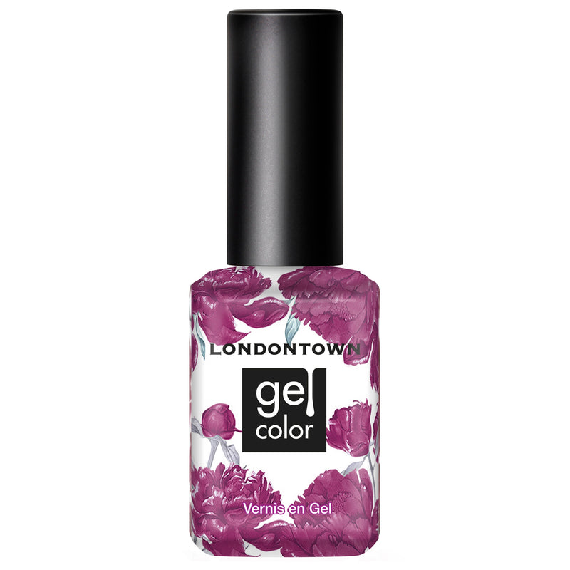 A bottle of LONDONTOWN's Violet Hibiscus gel color nail polish features a black cap and an elegant floral design in shades of purple. This polish is enhanced with ultraviolet technology for a longer-lasting, vibrant finish.