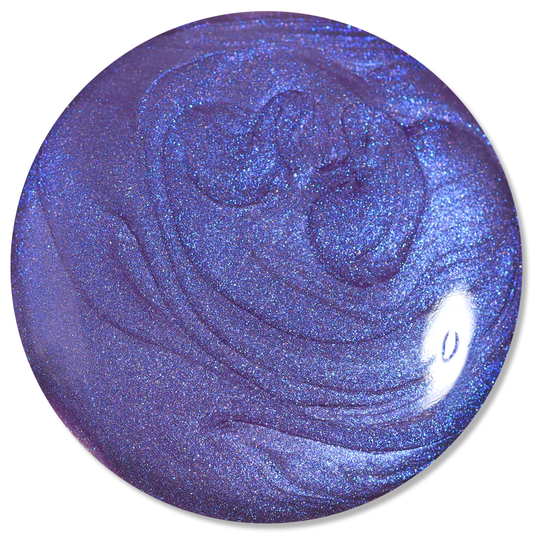 LONDONTOWN's Wildberry Freeze is a round, glossy purple polish with shimmering metallic swirls, hints of shifting blue shimmer, and a bright white reflection on one side.