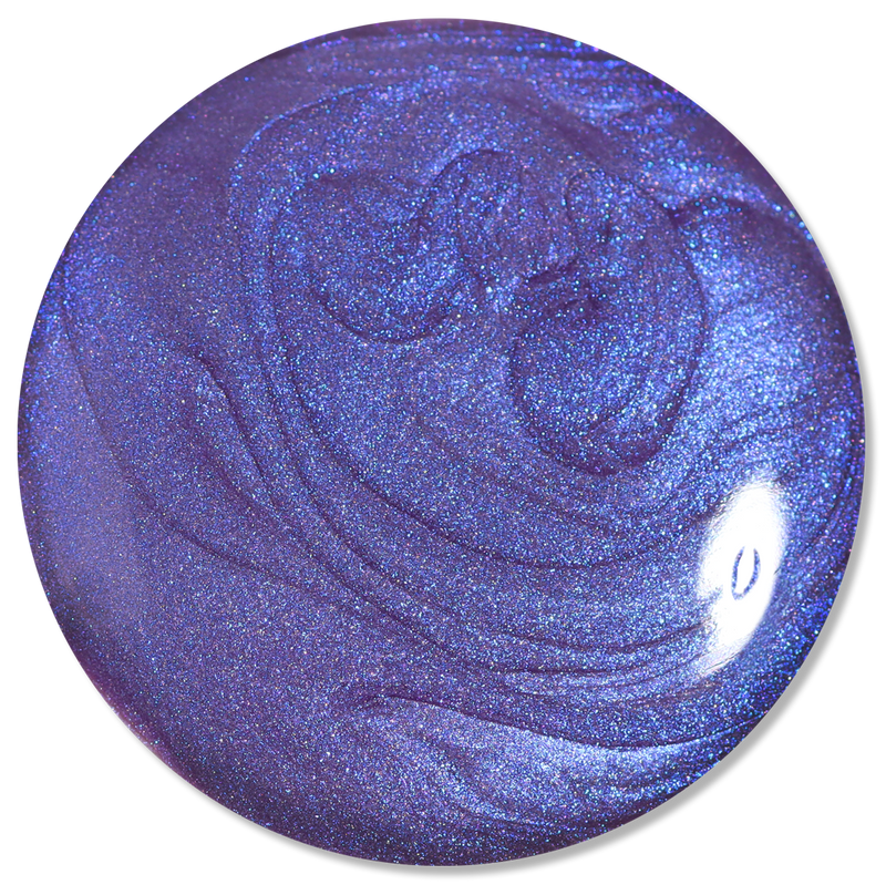 LONDONTOWN's Wildberry Freeze is a round, glossy purple polish with shimmering metallic swirls, hints of shifting blue shimmer, and a bright white reflection on one side.