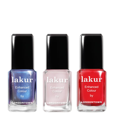Three bottles from the LONDONTOWN Summer Sorbet Trio are arranged side by side against a white background, showcasing vibrant blue, pale pink, and red lakur nail polish shades.