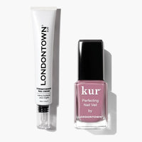The LONDONTOWN Sheer Nail Strengthening Set, featuring a nail cream and a pink kur Perfecting Nail Veil polish, is pictured side by side on a white background—a perfect duo to nourish your nails and deliver beautiful, repeat-worthy results.
