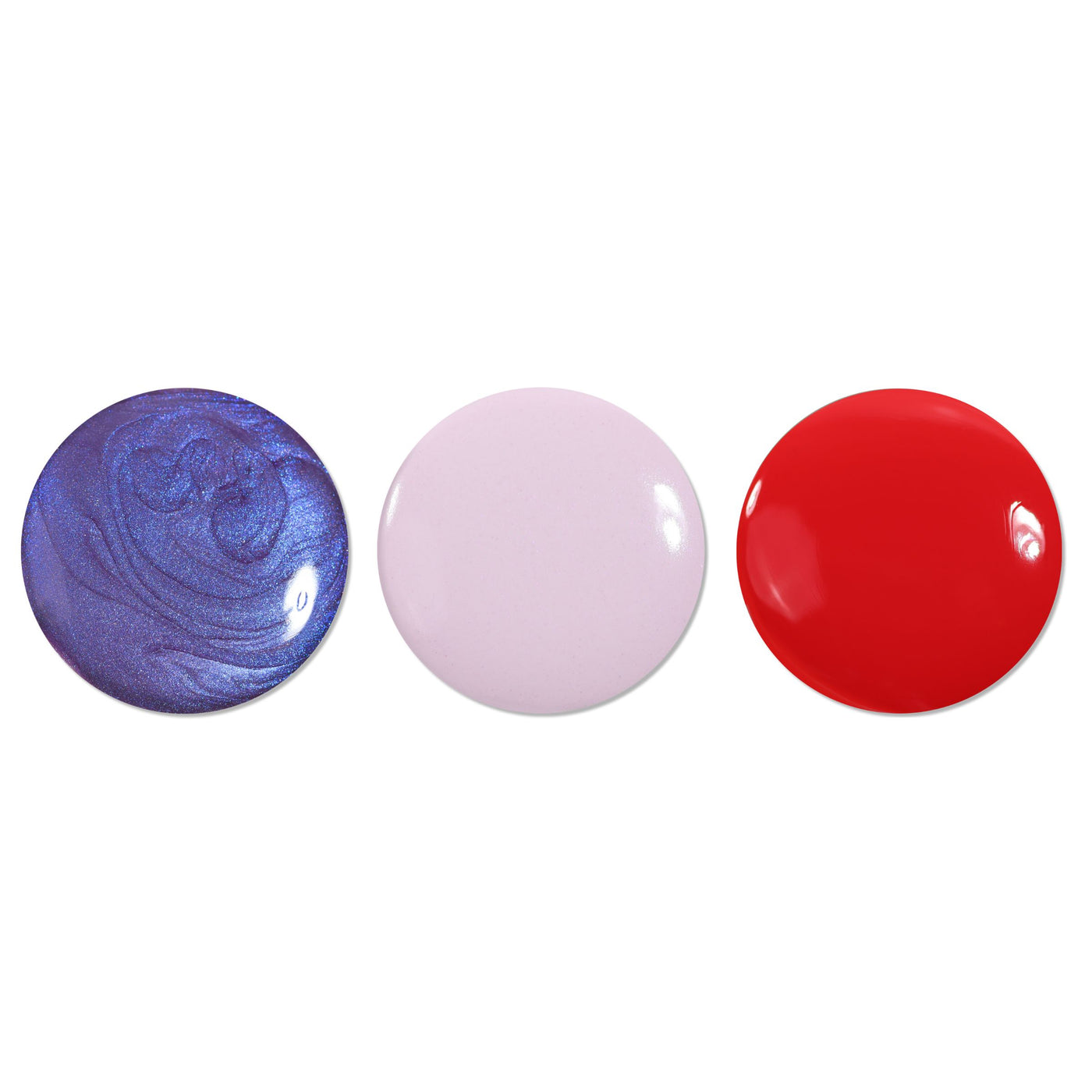Three round blobs of LONDONTOWN's Summer Sorbet Trio nail polishes—in shimmery purple, light pink, and glossy red—are arranged side by side on a white background.