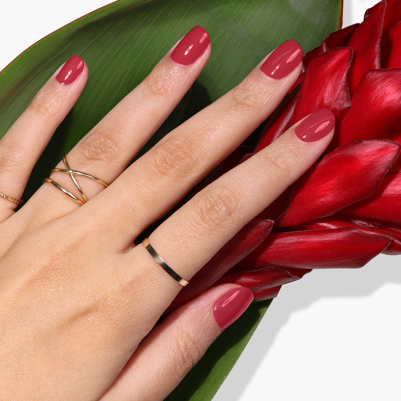A hand with pink polished nails and gold rings, adorned with LONDONTOWN's Flushed Cheeks blush, rests against a green leaf and red flower.