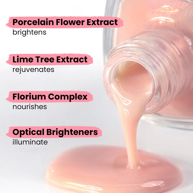 A bottle of Conceal + Go Bubble by LONDONTOWN flows out, revealing its benefits: Porcelain Flower Extract brightens, Lime Tree Extract rejuvenates, Florium Complex nourishes, and Optical Brighteners illuminate. Achieve a naturally flawless complexion and complement it with naturally perfect nails for a polished look.