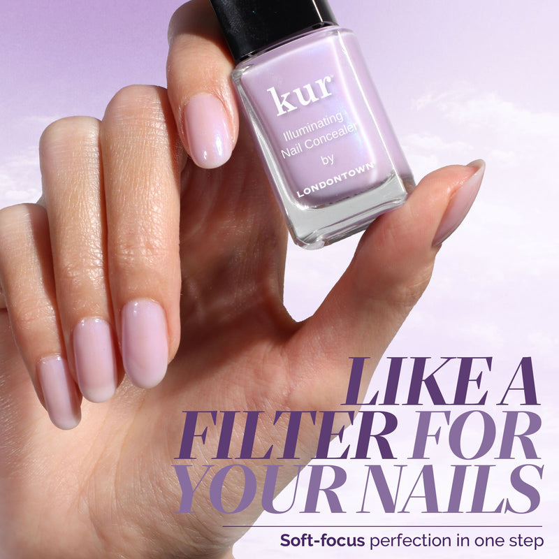 A hand with manicured nails holds a bottle of LONDONTOWN Lavender Illuminating Nail Concealer; text reads: "LIKE A FILTER FOR YOUR NAILS. This perfecting formula delivers soft-focus perfection in one step.