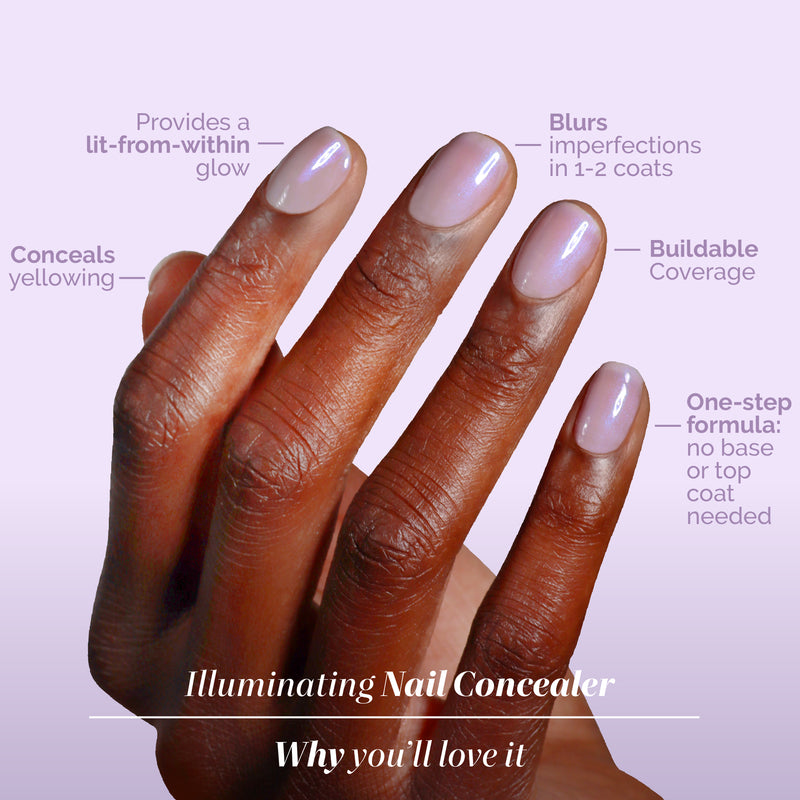 A close-up shows a manicured hand with sheer, glossy nails. Text highlights the LONDONTOWN Lavender Illuminating Nail Concealer, which blurs imperfections and needs no base or top coat thanks to its perfecting formula.