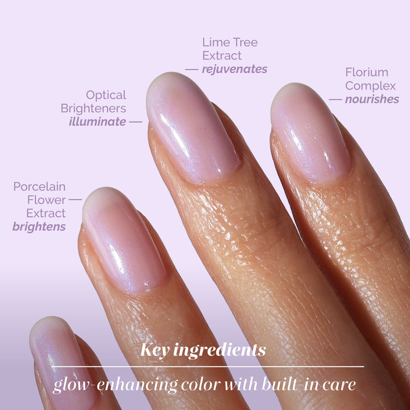 Four fingers with glossy, light pink nails are shown. Text highlights key ingredients in LONDONTOWN’s Lavender Illuminating Nail Concealer, featuring lavender for brightening, illuminating, rejuvenating, and nourishing nails.