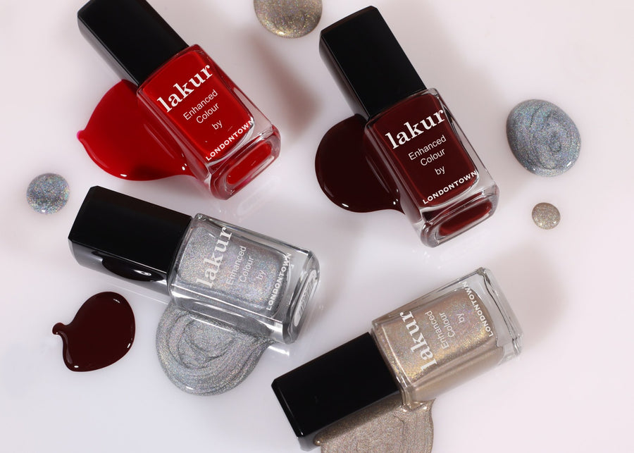 lakur Party Ready Holiday Collection bottles in red and holographic shades
