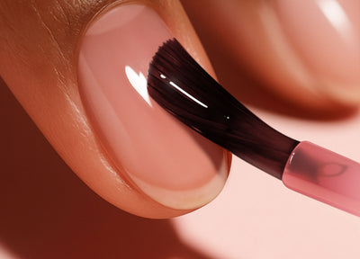 Brush applying a sheer glossy coat to a natural nail