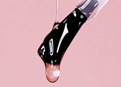 Drop of glossy formula falling from a nail brush