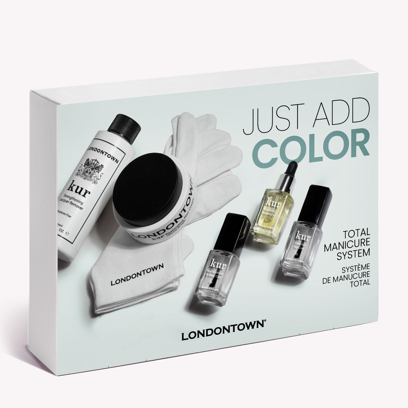 The LONDONTOWN Just Add Color set includes gloves, a buffer, remover, and three nail care products—everything you need for an at-home manicure.