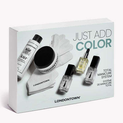 The LONDONTOWN Just Add Color set includes gloves, a buffer, remover, and three nail care products—everything you need for an at-home manicure.