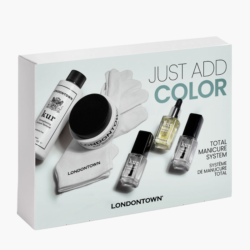 LONDONTOWN’s Just Add Color boxed set features gloves, a buffer, nail treatments, and nail oil for a flawless manicure—everything you need for picture-perfect nails.