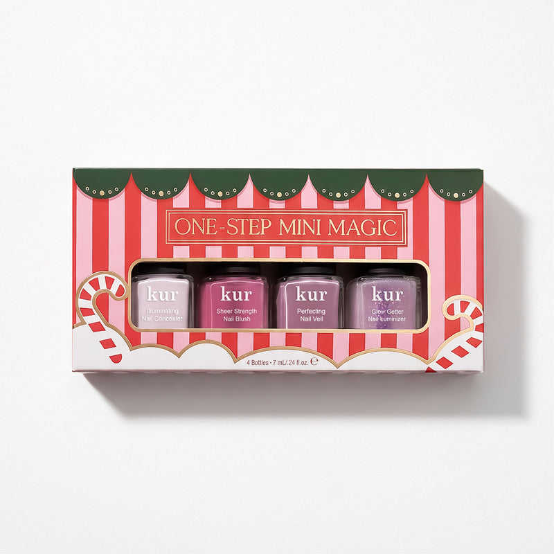Celebrate the season with LONDONTOWN’s One Step Mini Magic—a festive box of four kur nail polishes in holiday-inspired packaging. This limited-edition set includes the shades Sheer Strength, Nail Blush, Nail Veil, and You’re Geller Than Ever, making it easy to achieve flawless one-step manicures throughout the holidays.