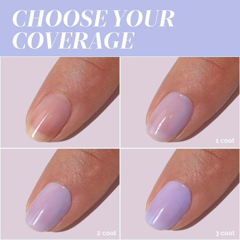 Four close-up images of a fingernail display 1, 2, and 3 coats of LONDONTOWN’s Cloud Nine nail polish, showing increasing coverage. Text at top reads: "CHOOSE YOUR COVERAGE.