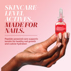 A hand holds a pink bottle of LONDONTOWN Peptide Serum Concentrate, labeled as such. Text highlights the serum’s advanced formula for nail repair, featuring nail care benefits like keratin support and cuticle hydration, emphasizing its nourishing effect as a specialized nail and cuticle treatment.