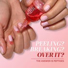 A person applies LONDONTOWN Peptide Serum Concentrate—a pink nail serum—to their fingernails with a dropper. Text reads: “Peeling? Breaking? Over it? The answer is peptides.”.