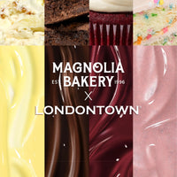 Four decadent desserts and four swirled LONDONTOWN nail polish colors—including the Red Velvet shade—surround a Magnolia Bakery x LONDONTOWN logo on a split square background.