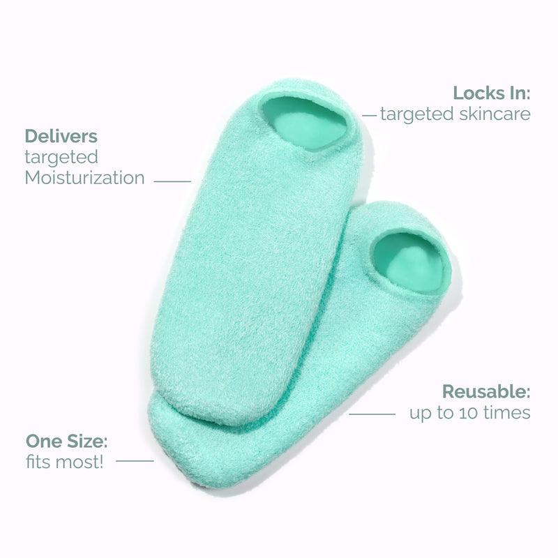LONDONTOWN Pedi Perfect Moisturizing Spa Socks in light blue deliver targeted moisturization, lock in skincare, are reusable up to 10 times, and come in one size that fits most.