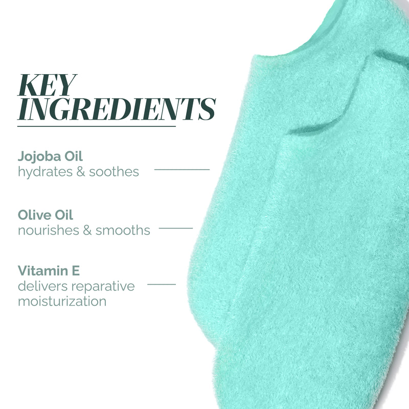 Next to Pedi Perfect Moisturizing Spa Socks by LONDONTOWN: key ingredients—jojoba oil (hydrates & soothes), olive oil (nourishes & smooths), and vitamin E (reparative moisturization).