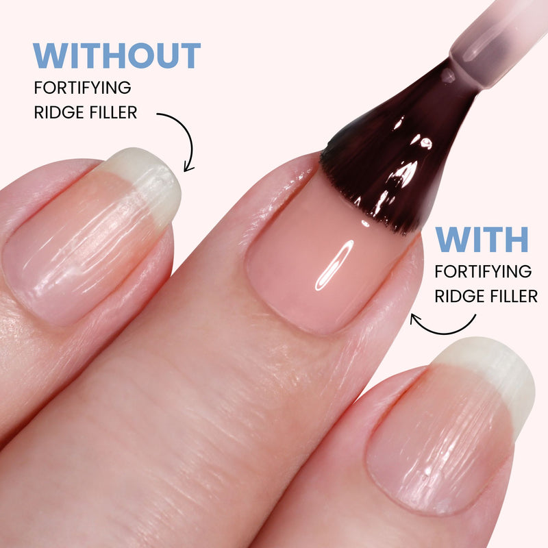 A close-up shows two fingernails: one natural and the other being coated with LONDONTOWN's Tinted Fortifying Ridge Filler in Petal Pink. Text reads "without smooth ridges" and "with smooth ridges," highlighting a flawless finish with a hint of tint.