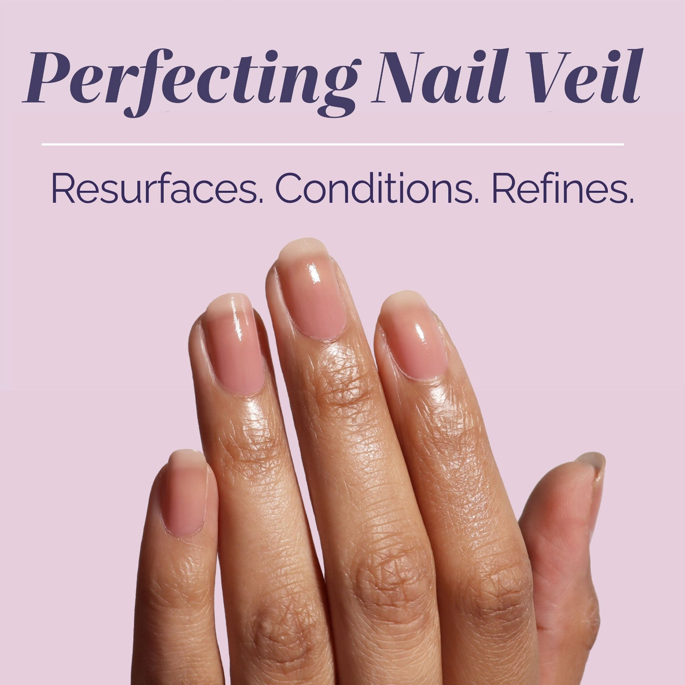 A hand with neatly manicured natural nails is shown against a light pink background with the text: "One-Step Hero Minis by LONDONTOWN. Resurfaces. Conditions. Refines.