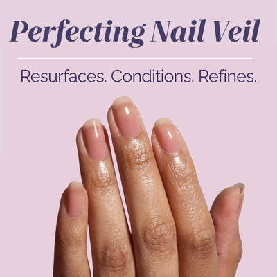 A hand with neatly manicured natural nails is shown against a light pink background with the text: "One-Step Hero Minis by LONDONTOWN. Resurfaces. Conditions. Refines.