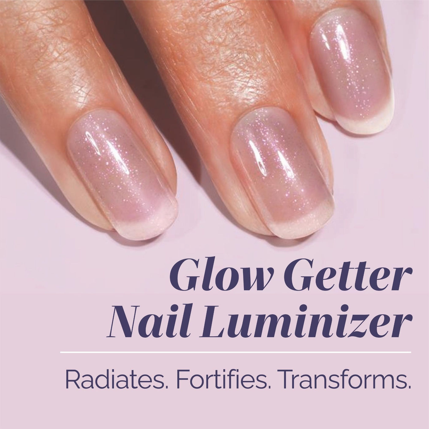 Close-up of three fingers with shiny, translucent nails, accompanied by text promoting LONDONTOWN's "One-Step Hero Minis" and its benefits: radiates, fortifies, transforms.
