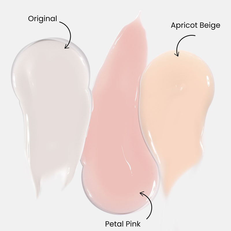 Three skincare products on a white background: Original (white), Petal Pink (pink), and Tinted Fortifying Ridge Filler - Apricot Beige (peach) by LONDONTOWN. Each tint is labeled with an arrow, with subtle ridges enhancing the texture.