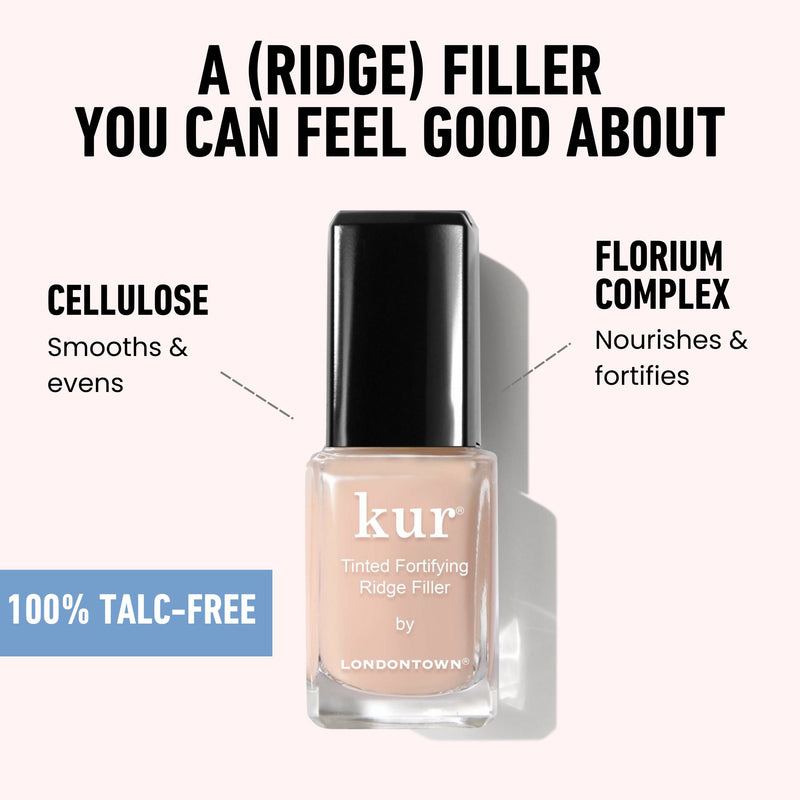 Image of the Tinted Fortifying Ridge Filler in Apricot Beige by LONDONTOWN. This formula smooths ridges with cellulose, nourishes with Florium Complex, and is labeled as 100% talc-free.
