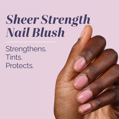 A hand with neatly manicured nails painted in a light pink shade appears beside text promoting LONDONTOWN One-Step Hero Minis, emphasizing its ability to strengthen, tint, and protect nails.