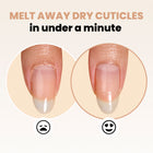Before and after image of a fingernail with overgrown cuticles on the left and moisturized cuticles on the right, using frowny and smiley face icons below to illustrate the transformation. Text: "Transform dry cuticles in under a minute with LONDONTOWN's Fresh Glow Cuticle Remover.
