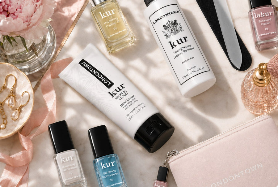 The Discovery Set 2.0 products laid out with the LONDONTOWN pouch
