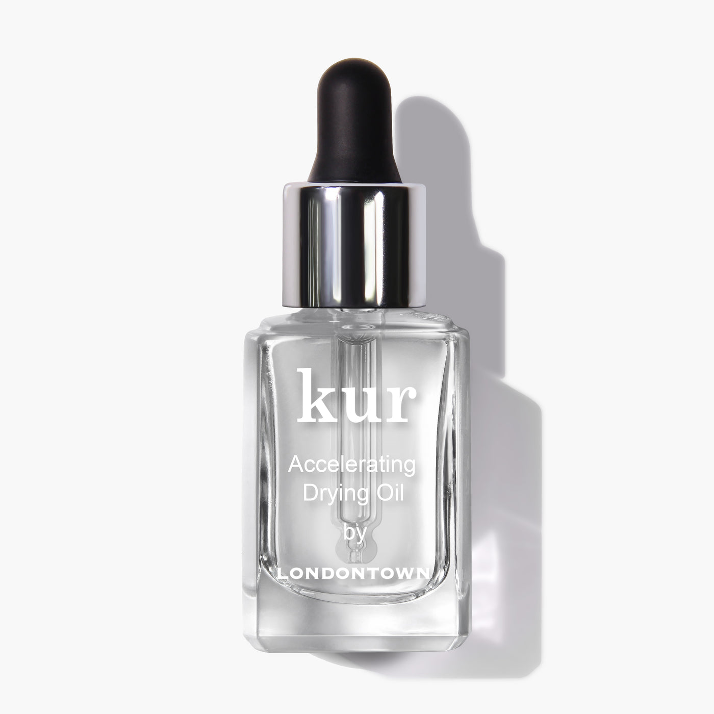A pristine white background showcases a clear glass bottle with a black dropper cap, labeled "Accelerating Drying Oil by LONDONTOWN." This fast-drying manicure botanical oil blend is designed for optimal performance.