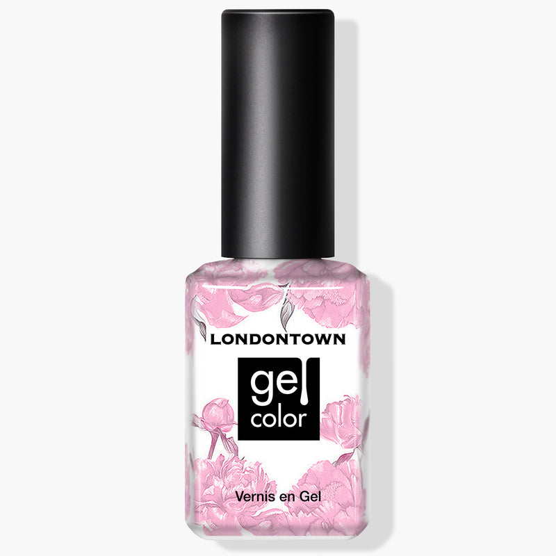 A bottle of LONDONTOWN's Afternoon Tea gel color nail polish in a light pink crème, featuring a floral design on the glass and a black cap. This vegan, cruelty-free formula ensures your nails look chic while being kind to animals.