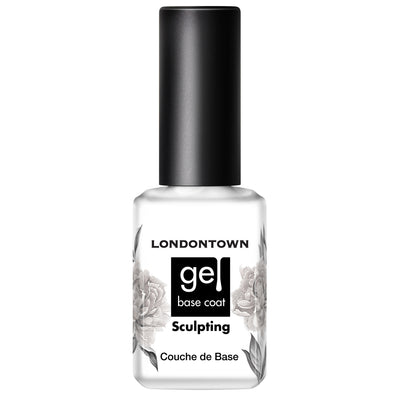 A bottle of LONDONTOWN Sculpting Base Coat with a black cap and a white label displaying the product name and a floral design.