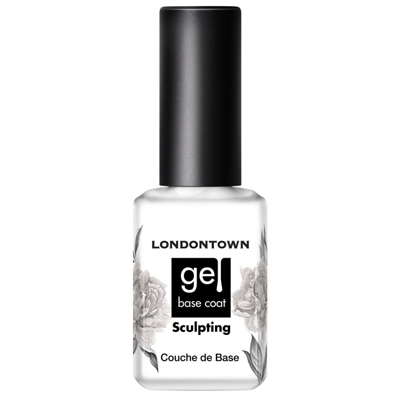 A bottle of LONDONTOWN Sculpting Base Coat with a black cap and a white label displaying the product name and a floral design.